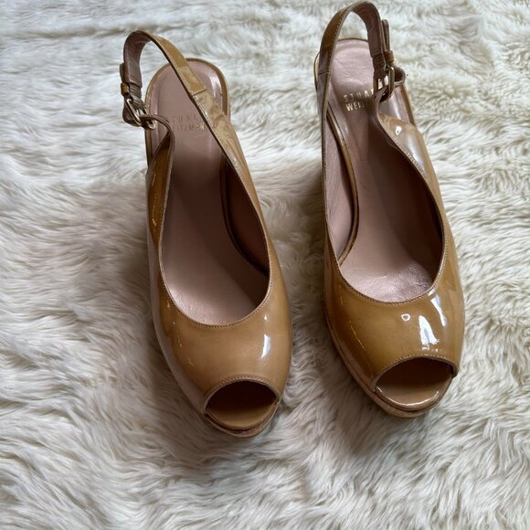 Stuart Weitzman Riviera Tan Patent Leather Peep Toe Sling Back Cork Wedges 7.5 - Picture 3 of 8